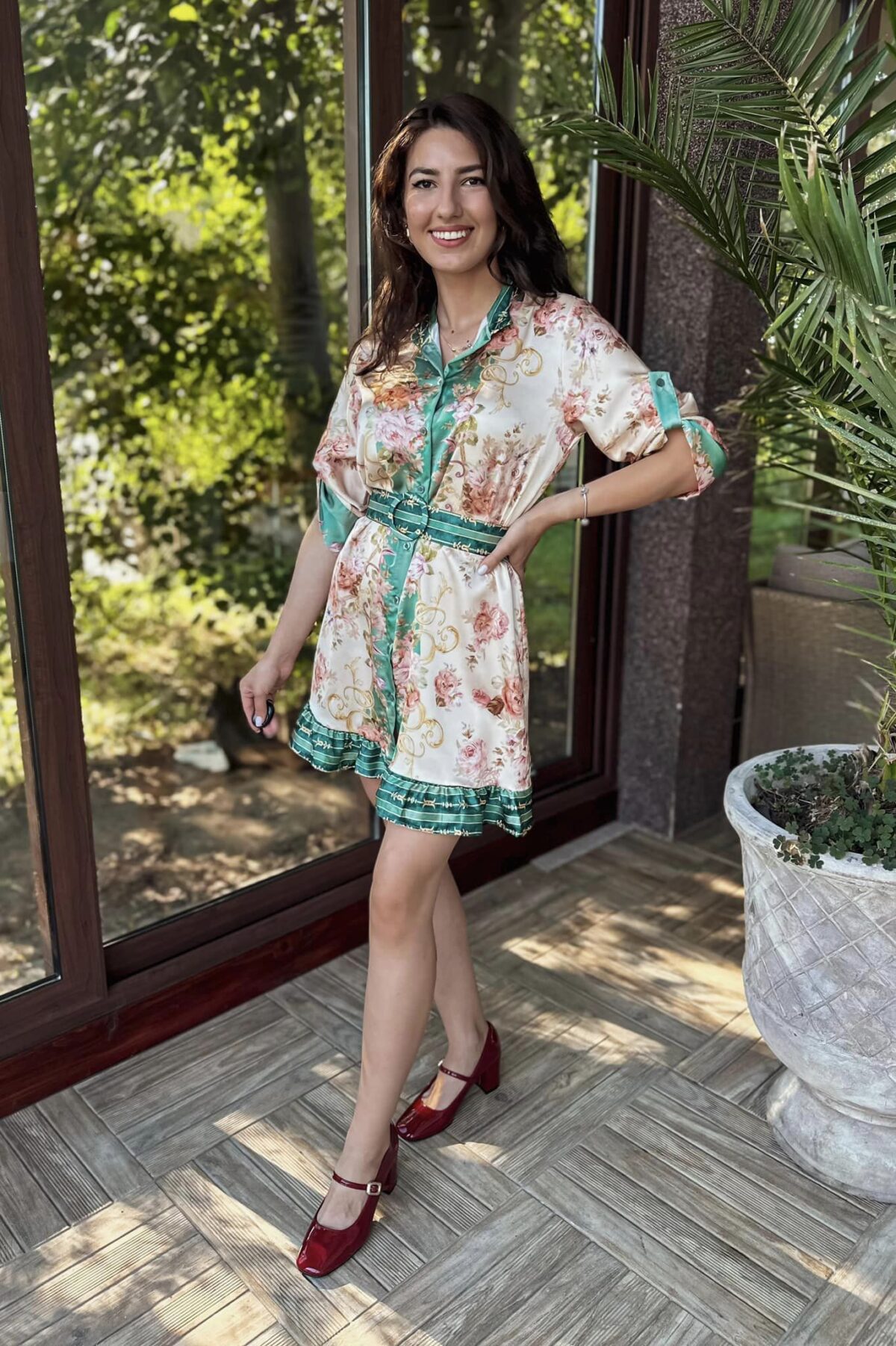 Kvetované košeľové šaty s opaskom zelená CLARKS