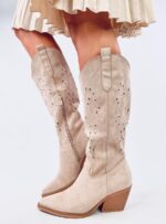 Béžové semišové čižmy v kovbojskom štýle DELA – Obrázok 3