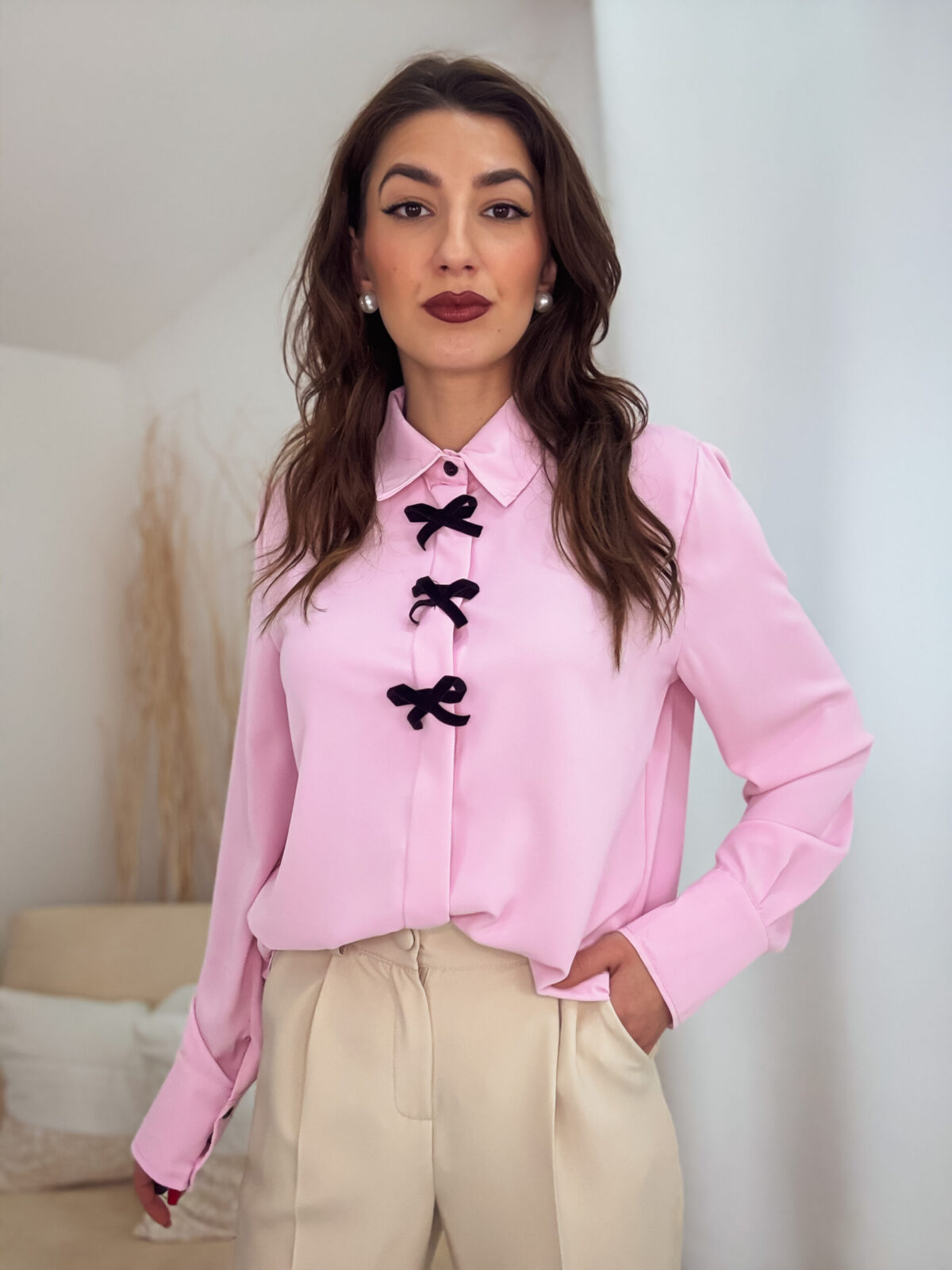 Rúžová košeľa s mašľami BOW – Obrázok 2